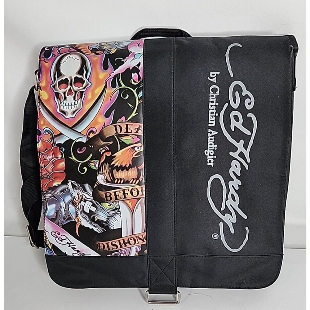 Ed Hardy Messenger Bag Skull Death Before Dishonor 13.5 x 14 x 3.5 Shoulder Tote